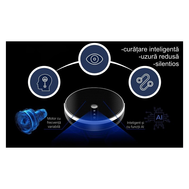 Aspirator robot Oliver Voltz, WiFi, Functie Mop, Control de la Distanta, 120 Minute Autonomie, Robot Aspirare, Spalare, 2000PA, 130ml rezervor apa, 600ml rezervor de praf, Multi-Suprafata, Negru