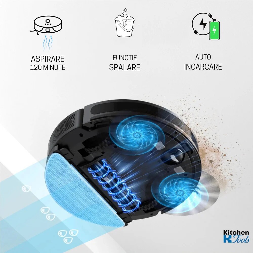 Aspirator robot Oliver Voltz, WiFi, Functie Mop, Control de la Distanta, 120 Minute Autonomie, Robot Aspirare, Spalare, 2000PA, 130ml rezervor apa, 600ml rezervor de praf, Multi-Suprafata, Negru