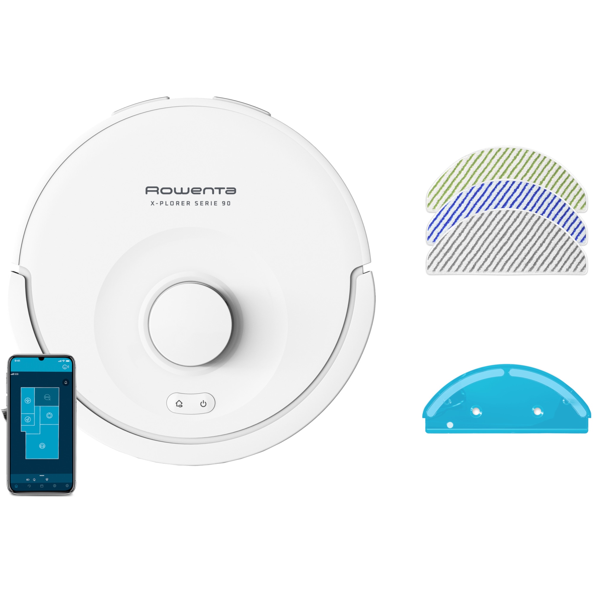 Aspirator robot Rowenta X-Plorer Serie 90 Animal & Allergy RR8777WH, 6000 Pa, recipient praf 0.29l, recipient apa 0.29l, autonomie 270 minute, Wi-Fi, mop, alb