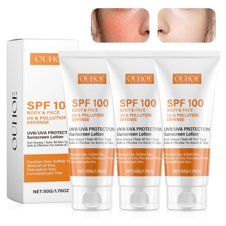 Set 3 Lotiuni Protectie Solara, Asitanie, SPF 100, 50g, UVA/UVB, Rezistenta la Apa