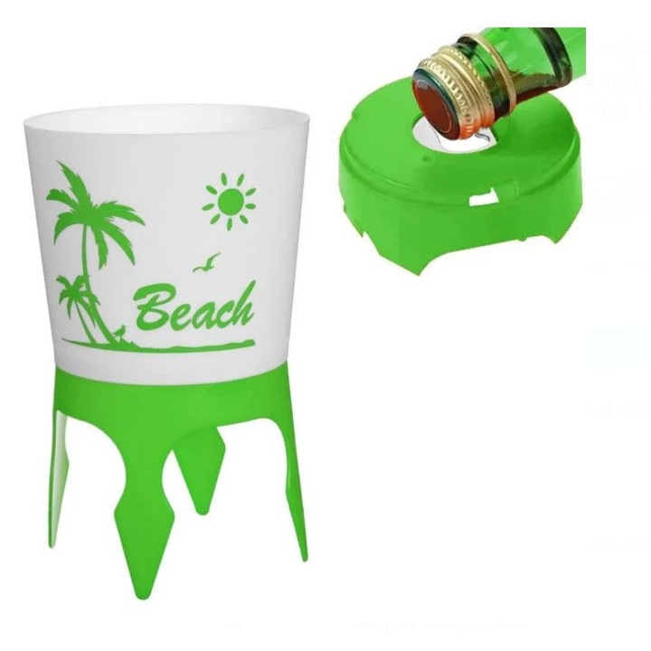 Suport Pahar Plaja cu Baza pentru Nisip si Deschizator Capace Sticla, 15cm, Verde