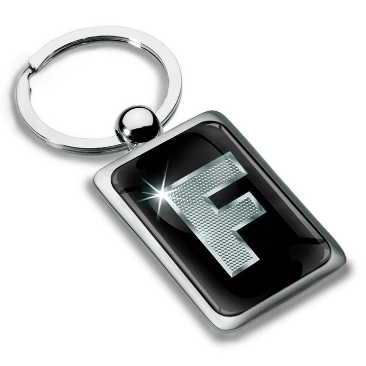 Breloc metalic dreptunghiular cu cutie cadou, Biomar Labs, Litera F, AZ, unisex, 3D, Argintiu/Negru, KK 84