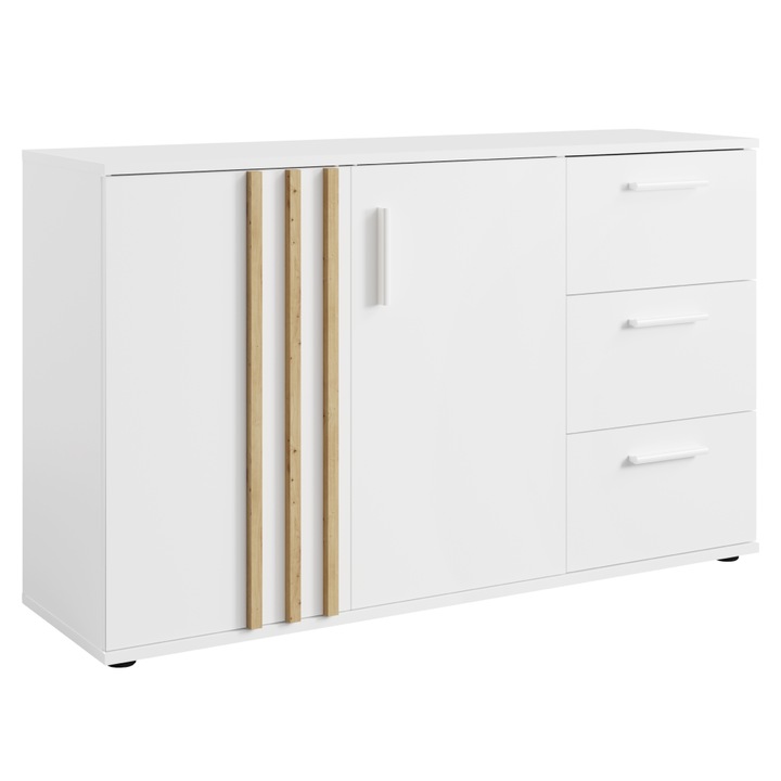 Comoda de lux, culoare alba, stejar, din PAL laminat si MDF, cu 2 usi, polita, 3 sertare, design ultramodern, living, dormitor, 120x35x73 cm