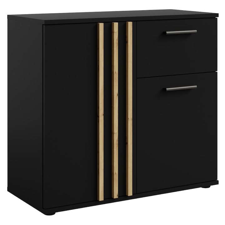 Comoda neagra, stejar, din PAL laminat, MDF, cu 2 usi, un sertar, o polita, design modern si elegant, living, dormitor, 80x35x73 cm