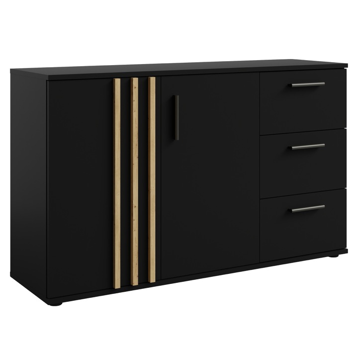 Comoda neagra, stejar, de lux, ultramoderna, din PAL laminat si MDF, cu 2 usi, o polita, 3 sertare, living, dormitor, 120x35x73 cm