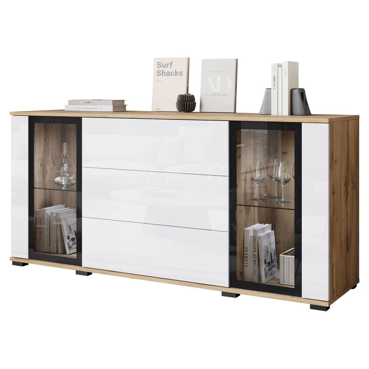 Comoda Hedvis SB 150 2D3S cu LED, MIRJAN 24, wotan / alb lucios, 40x150x70 cm