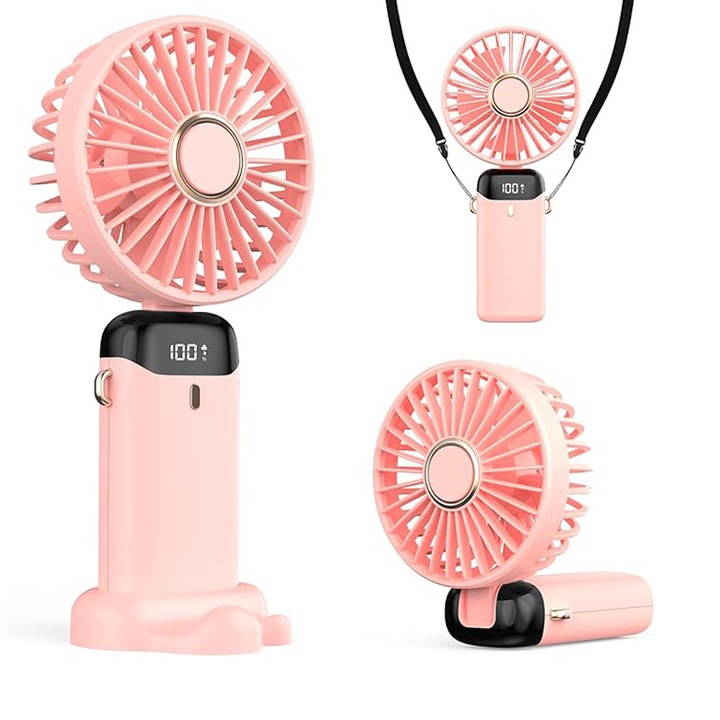 Многофункционален преносим вентилатор Comando Fan Comfort, функция за опора на врата / бюрото / ръцете, 5 скорости, LED индикатор, безшумен, 12 часа живот на батерията, USB захранване, функция за ароматерапия, розов