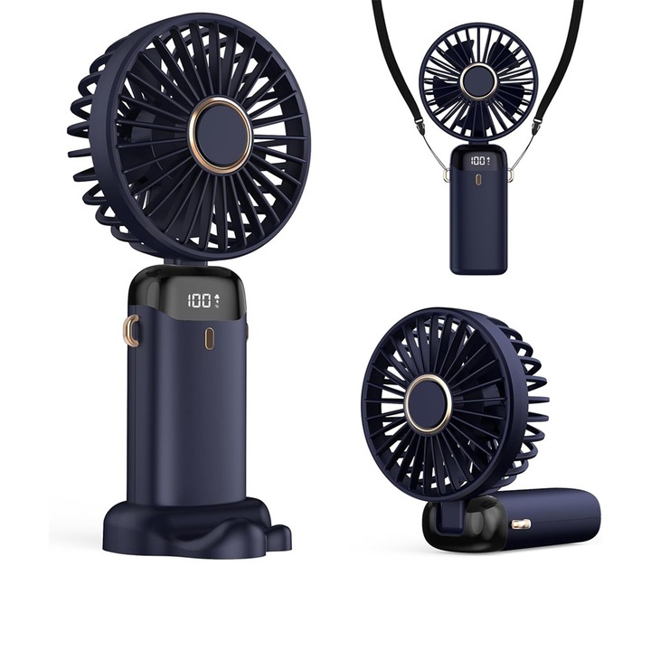 Многофункционален преносим вентилатор Comando Fan Comfort, функция за опора на врата / бюрото / ръцете, 5 скорости, LED индикатор, безшумен, 12 часа живот на батерията, USB захранване, функция за ароматерапия, тъмносин