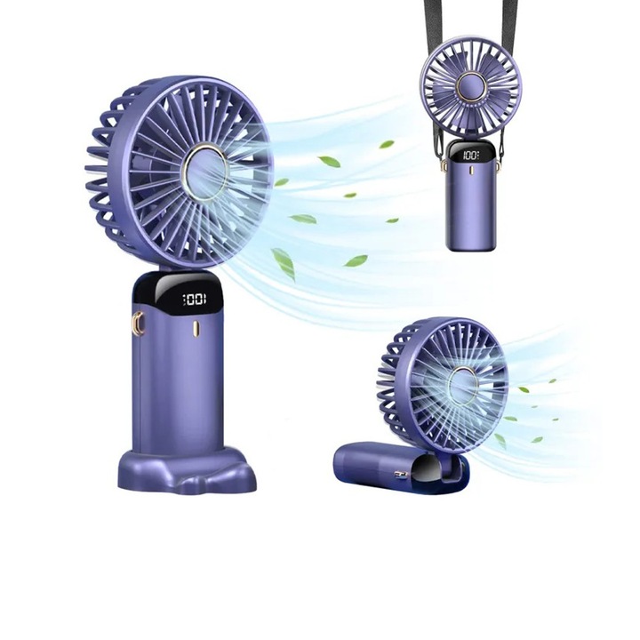Многофункционален преносим вентилатор Comando Fan Comfort, функция за опора на врата / бюрото / ръцете, 5 скорости, LED индикатор, безшумен, 12 часа живот на батерията, USB захранване, функция за ароматерапия, лилав