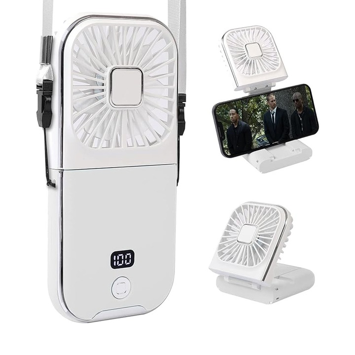 Ултра преносим многофункционален вентилатор Comando Fan Comfort, джобен модел, за врата / бюро / ръка, стойка за телефон, сгъваем, 3 скорости, LED индикатор, безшумен, лек, включена каишка, USB захранване, бял