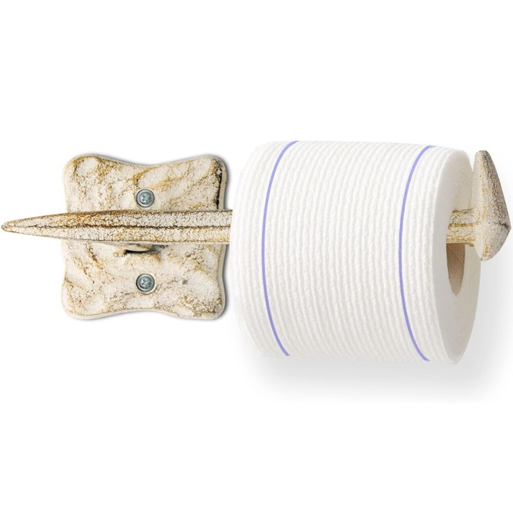 Suport Hartie Igienica, Rustic – Cui Traversa Cale Ferata, Fonta, Montaj pe Perete cu Suruburi si Diblu Incluse, Alb