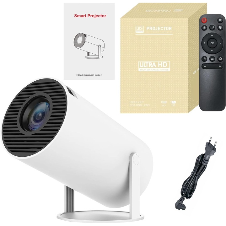 Преносим видео проектор Gizmondo – Bi-LED лазерна технология, Wi-Fi 6, BT 5.0, 4K поддръжка, HDMI, USB, Android/iOS Mirroring – бял