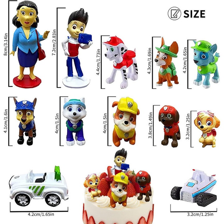 Set complet figurine colectibile 12 piese, personaje Pup cu vehicule, decorare torturi, 5-7 cm, plastic durabil