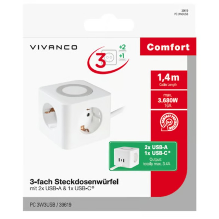 3-лентов кубичен високоговорител VIVANCO 39619 (1.4 м, 2x USB-A и 1x USB-C)