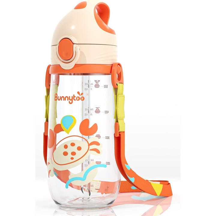 Sticla de Apa pentru Copii, cu Pai, Gradatie, Etansare, cu Maner ergonomic si Banda reglabila, Fara scurgeri, Fara BPA, Portocaliu, 550 ml