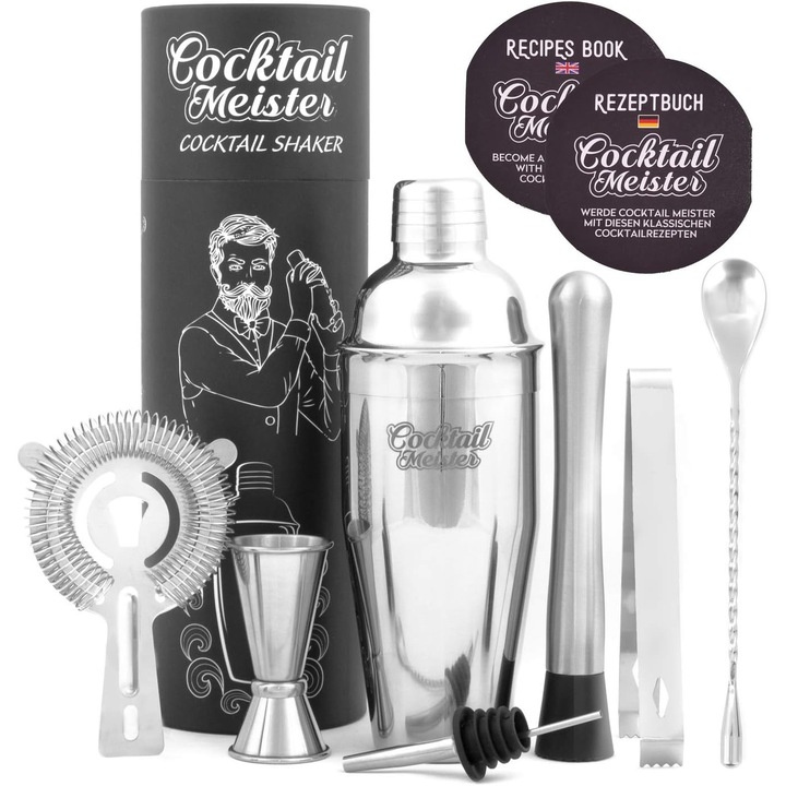 Set pentru prepararea de cocktailuri, CocktailMeister, include si o serie de retete selectionate, 8 Piese din otel inoxidabil, Argintiu