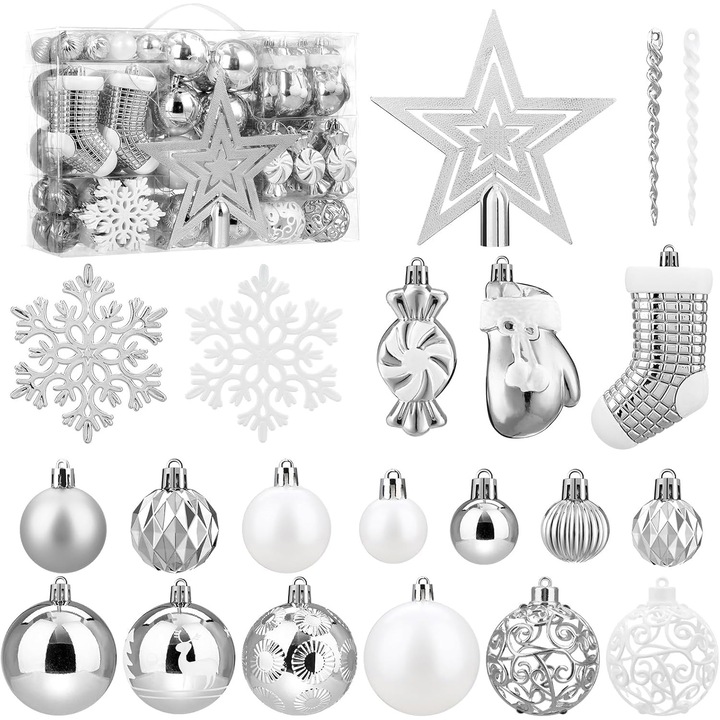 Set decoratiuni brad SOLEDI, 128 piese, globuri si ornamente de Craciun, Alb Argintiu