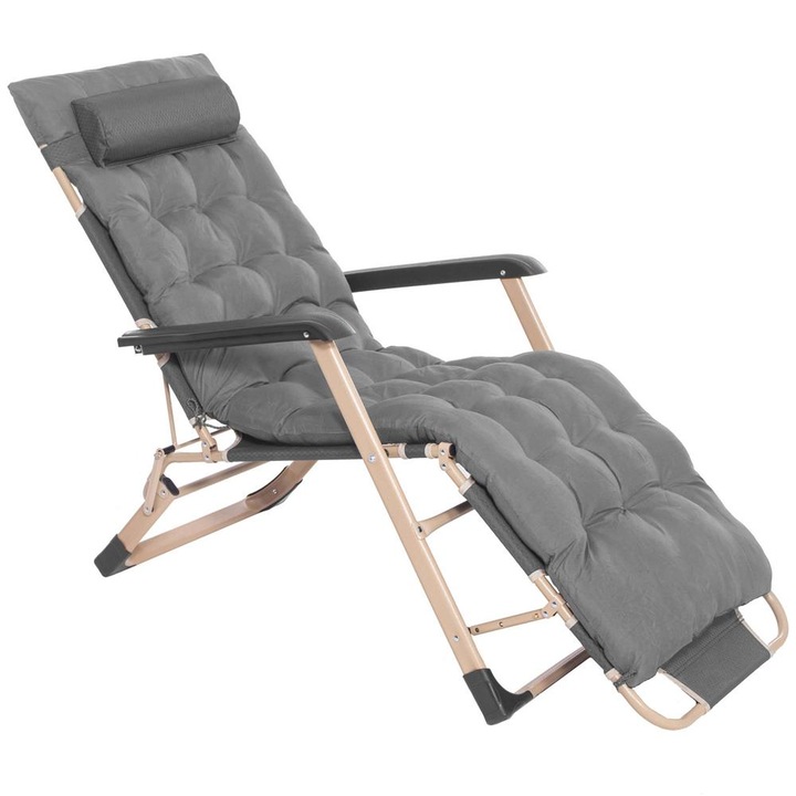 Сгъваем шезлонг с възглавница и регулируема поставка за крака, 176x66x92 см, сив