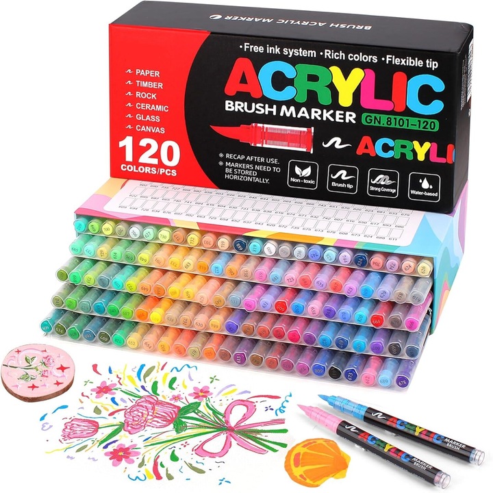 120 darabos BALQRA® akrilfilc készlet, élénk színek, vízbázisú festék, nem mérgező, gyorsan száradó, fa, üveg, kő, papír, vászon festésére, ideális gyerekeknek és felnőtteknek, barkácsoláshoz és művészeti projektekhez, tárolódoboz mellékelve, többszínű