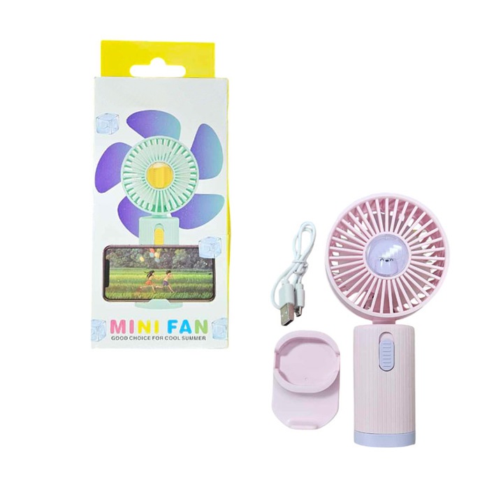 Kézi ventilátor, mobiltelefon-tartóval, USB töltés, Be/Ki gomb, 3 sebességfokozat, lila/rózsaszín