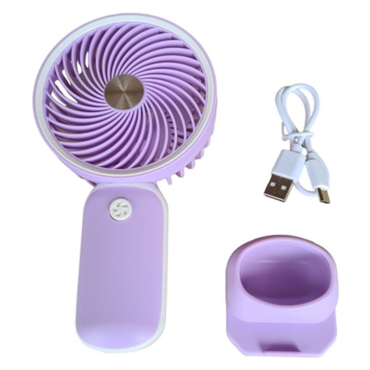 Kézi ventilátor, mobiltelefon-tartóval, USB töltés, Be/Ki gomb, 3 sebességfokozat, lila/fehér