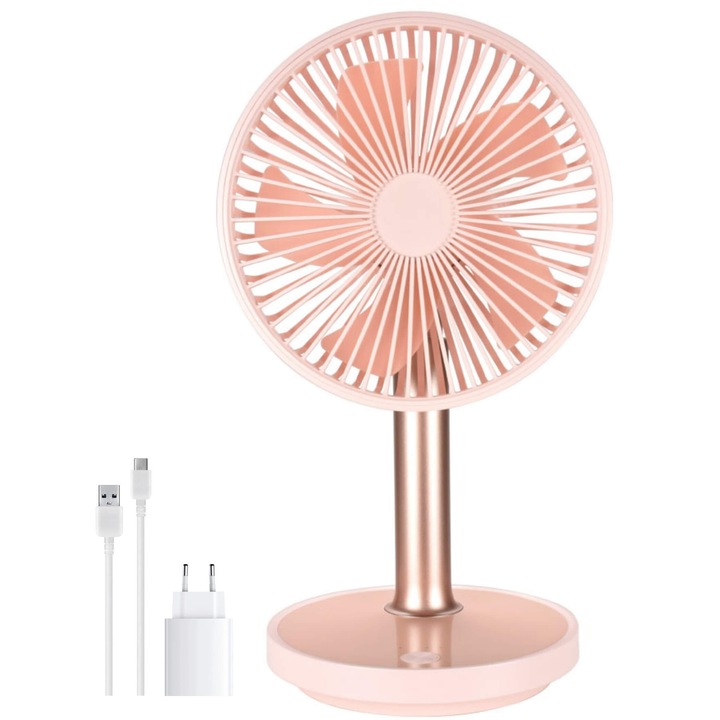 Преносим настолен вентилатор, Ideas4Comfort, 5 W, 2000 mAh батерия, разтегателно рамо, USB акумулатор, LED на основата, розово