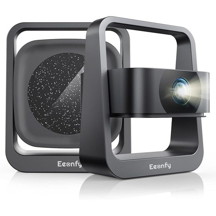 Vidoproiector portabil smart 4K, cu Android 13.0, WiFi 6, Bluetooth 5.2, rotativ la 270°, corectie E-Focus/trapezoidala, 25000 Lux, 1080P, cu USB 2.0, HDMI 2.1 si AUX 3, 5 mm, compatibil Smartphone, PC, Laptop, Tableta, PS5, pentru interior si exterior