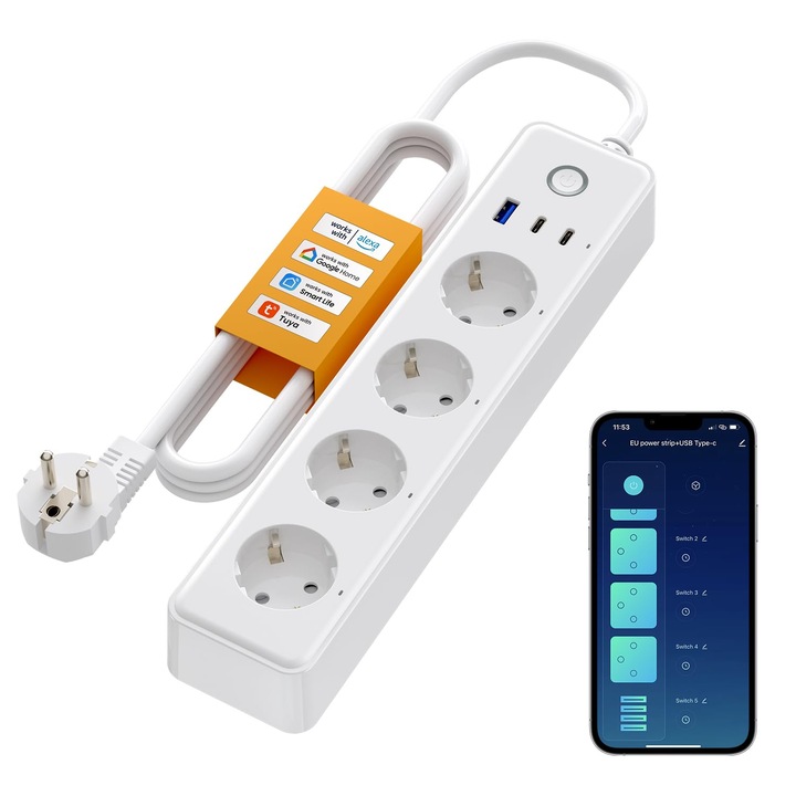 MIUCDA интелигентен удължителен кабел, 4 AC контакта, 1 USB порт, 2 Type-C порта, гласово управление Alexa/Google, приложение Smart Life/Tuya, защита от претоварване, 10A, 1.5 м, бял цвят