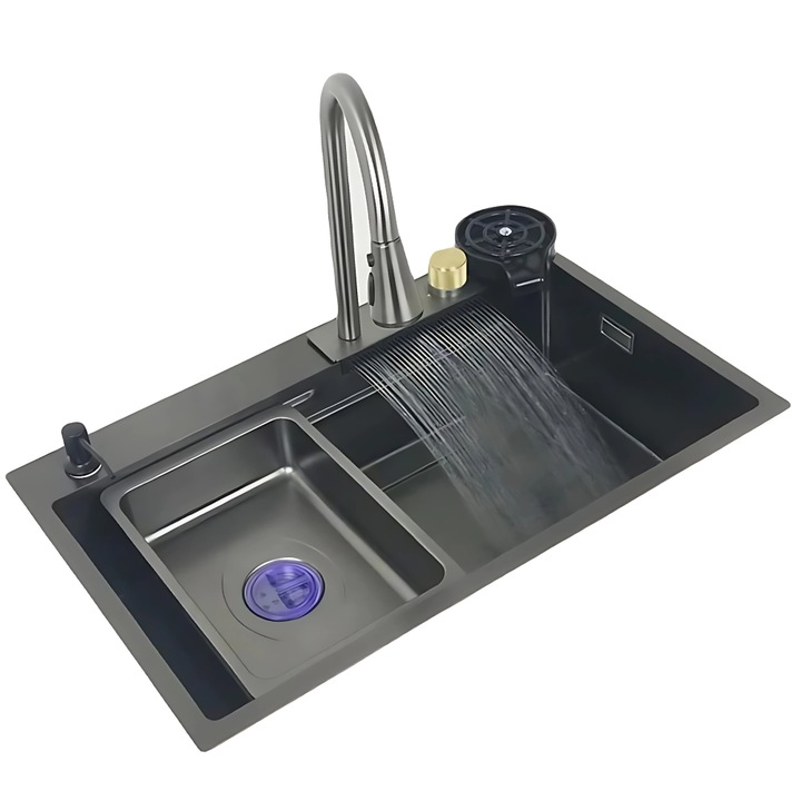Chiuveta premium din otel inoxidabil 7545 Promerco® cu baterie flexibila tip lebada si efect de cascada, finisaj grafit elegant, montaj sub blat si accesorii incluse, design modern si functionalitate avansata pentru bucatarii rafinate