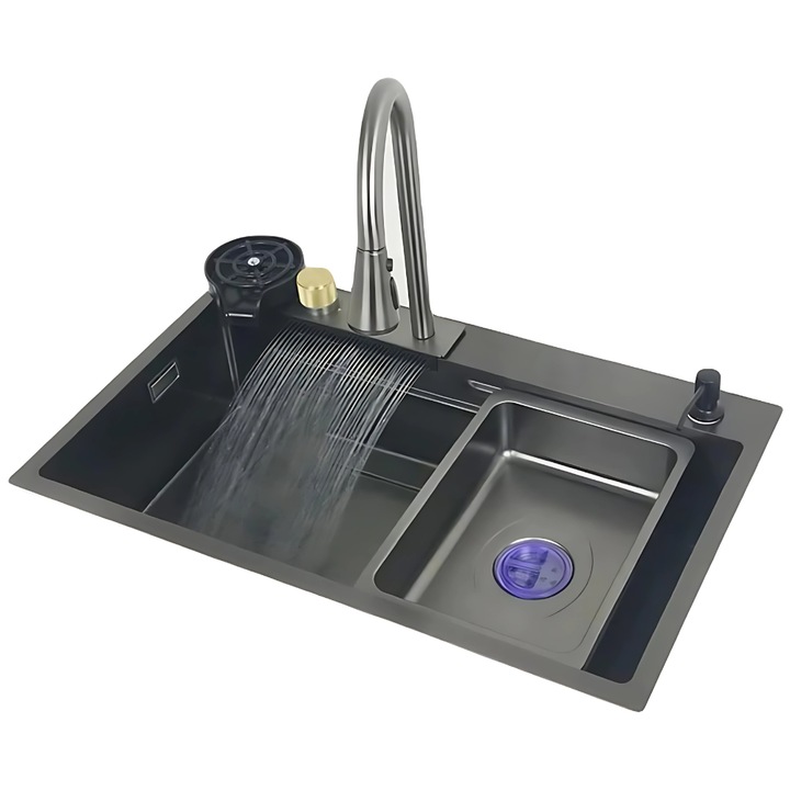 Chiuveta JOZY® incastrabila sub blat din otel inoxidabil 7545, baterie flexibila cu dus si efect de cascada, accesorii incluse, finisaj grafit mat – Solutia completa pentru o bucatarie eleganta si eficienta