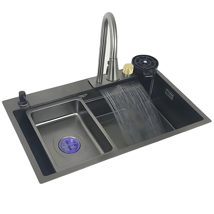 Chiuveta eleganta de bucatarie din otel inoxidabil cu montaj sub blat, baterie flexibila tip lebada cu dus extractibil si jet cascada, accesorii premium incluse si finisaj grafit modern pentru un aspect sofisticat si functionalitate de top