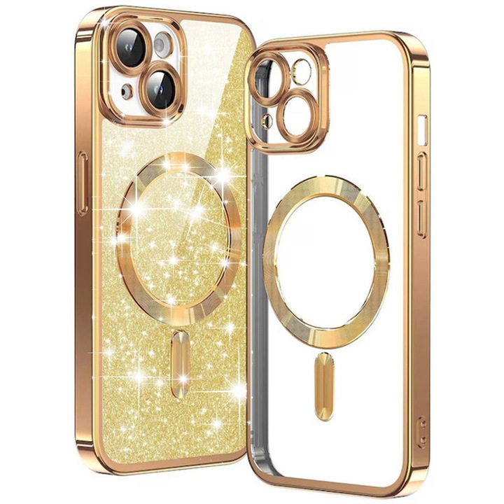 Husa pentru iPhone 15 Plus, SKYDDAR INNOVATION, Luxury Glitter Magsafe, Antisoc, Fundal Detasabil 2-in-1, Protectie Superioara, Margini Ridicate, Auriu, set cu sticker