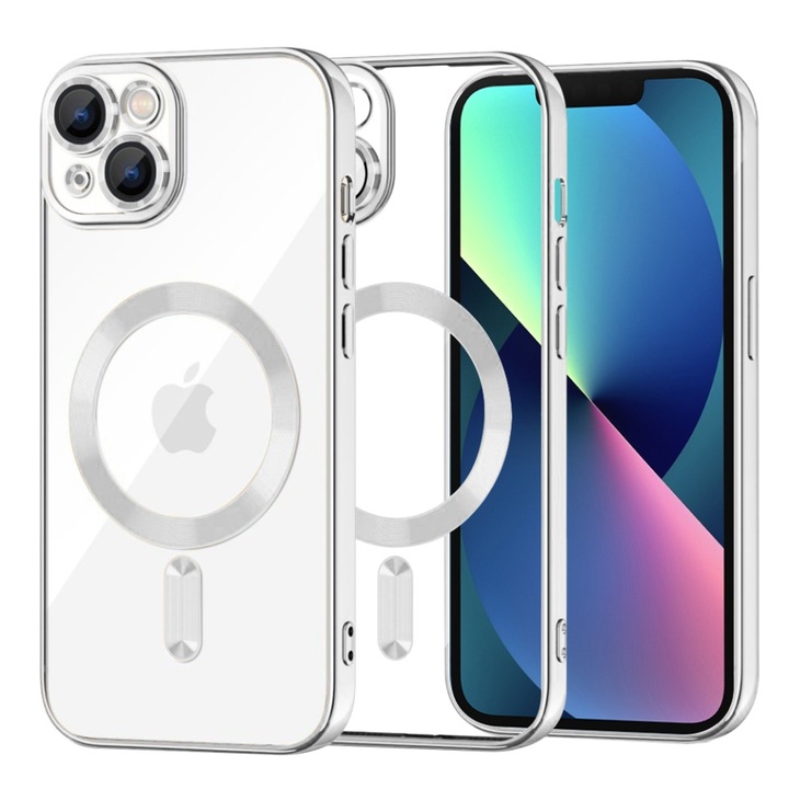 Husa pentru iPhone 13, SKYDDAR INNOVATION, Luxury Glitter Magsafe, Antisoc, Fundal Detasabil 2-in-1, Protectie Superioara, Margini Ridicate, Argintiu, set cu sticker