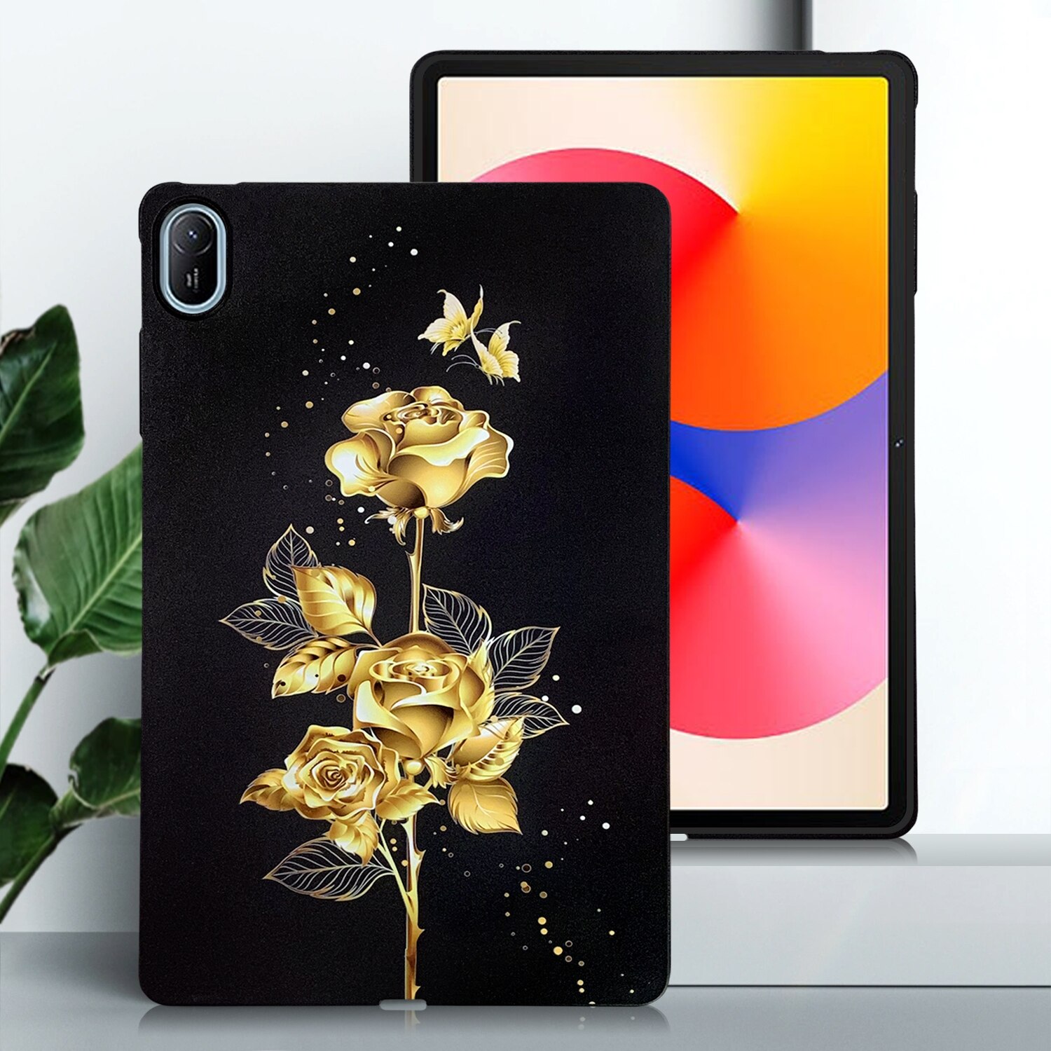 Husa tableta pentru Huawei MatePad SE 11 2024, TPU, tip design pictura colorata, capac inteligent, aurie cu roz