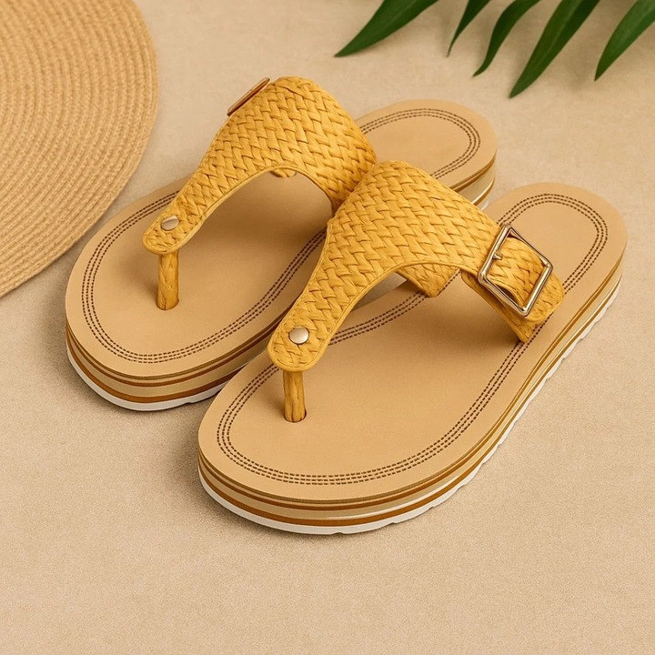 Papuci de Dama Perletti – Wedge Flip-Flop, cu platforma si textura impletita, Alb/Bej/Galben mustar, 38