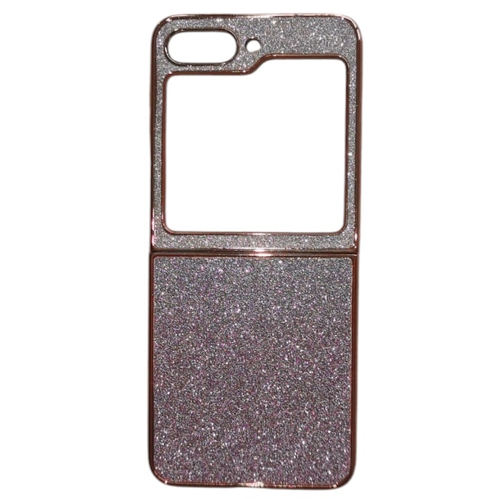 Мек силиконов калъф с брокат, G-Tech, съвместим с Samsung Galaxy Z Flip 5, изработен от силикон и TPU, ултра тънък, с брокат, градиентен, розово-сребрист