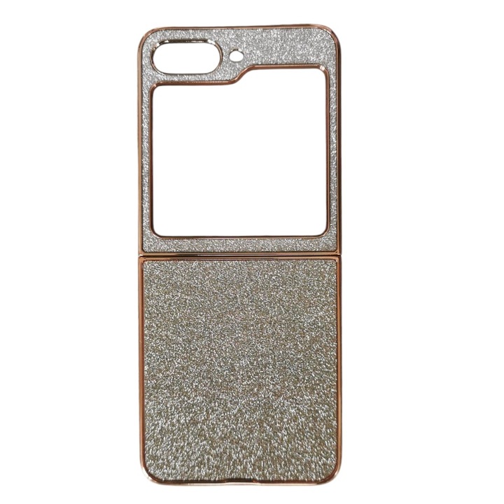 Мек силиконов калъф с брокат, G-Tech, съвместим с Samsung Galaxy Z Flip 5, изработен от силикон и TPU, ултра тънък, с брокат, градиент, златисто-сребрист