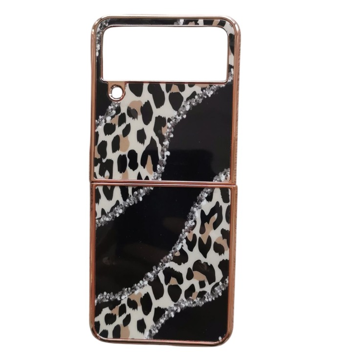 Кейс с животински принт, G-Tech, съвместим с Samsung Galaxy Z Flip 3, модел Леопард, изработен от силикон и TPU, ултра тънък, черно-многоцветен