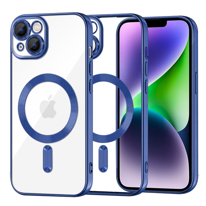 Husa pentru iPhone 14 Plus, SKYDDAR INNOVATION, Luxury Shield Magsafe, Protectie Antisoc, Albastru, set cu sticker