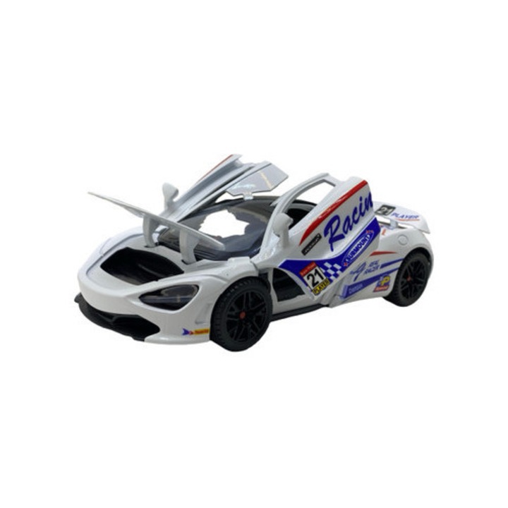 McLaren P1 fémmodell, fehér, hanggal és világítással, teljesen kinyitható 1:24 méretarányban