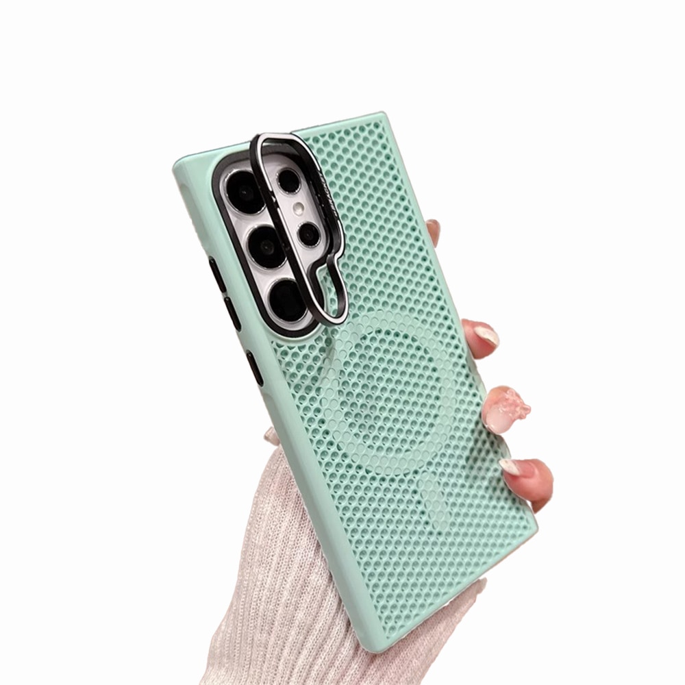Husa pentru cu racire Samsung Galaxy S25 Ultra, retea de racire in forma de fagure, cu Inel Ajustabil in Dreptul Camerei, MagSafe magnetic, Verde menta