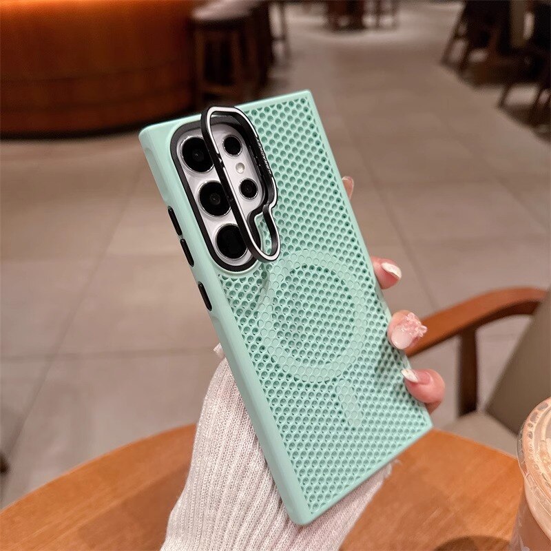 Husa pentru cu racire Samsung Galaxy S25 Ultra, retea de racire in forma de fagure, cu Inel Ajustabil in Dreptul Camerei, MagSafe magnetic, Verde menta