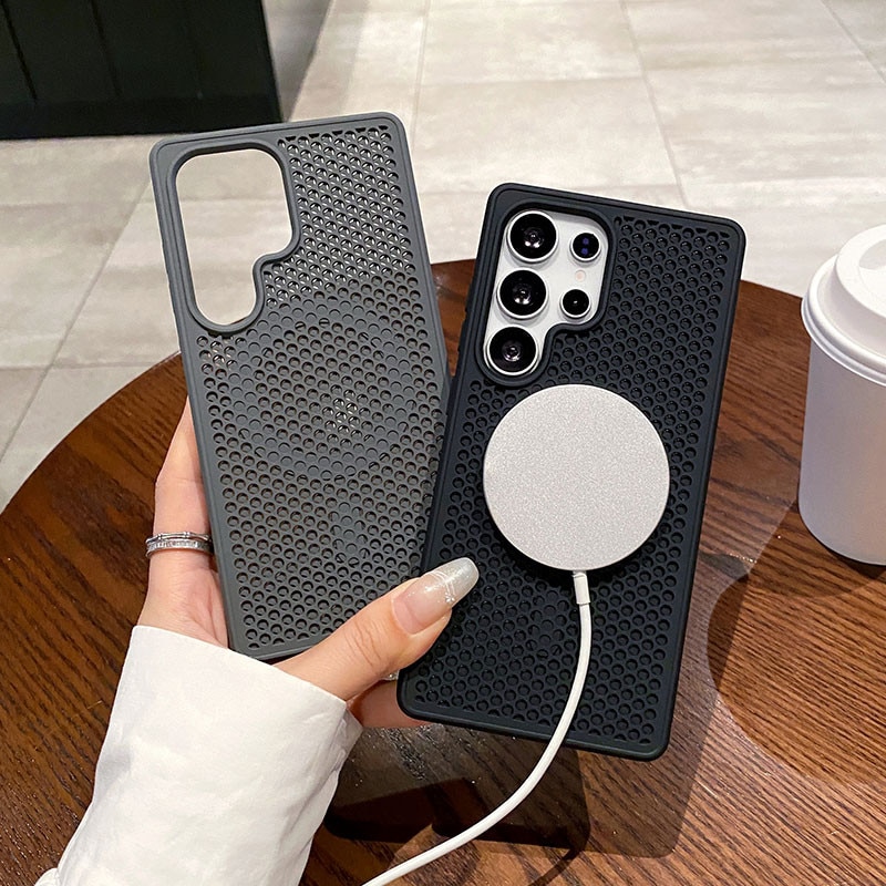 Husa pentru cu racire Samsung Galaxy S25 Ultra, retea de racire in forma de fagure, cu Inel Ajustabil in Dreptul Camerei, MagSafe magnetic, Verde menta