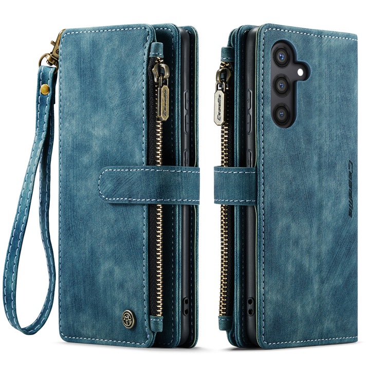 Husa pentru Samsung Galaxy S25 Plus, CaseME, Husa piele portofel, multifunctionala, curelusa mana detasabila, inchidere sigura magnetica, stand, buzunare carduri, bani, casti, chei, Albastru