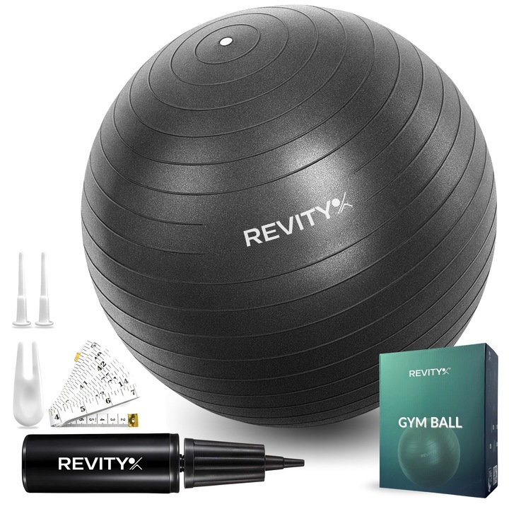 Minge fitness Revity Gym Ball, 65 cm, neagra, greutate 1.2 kg, capacitate 250 kg, set cu pompa manuala