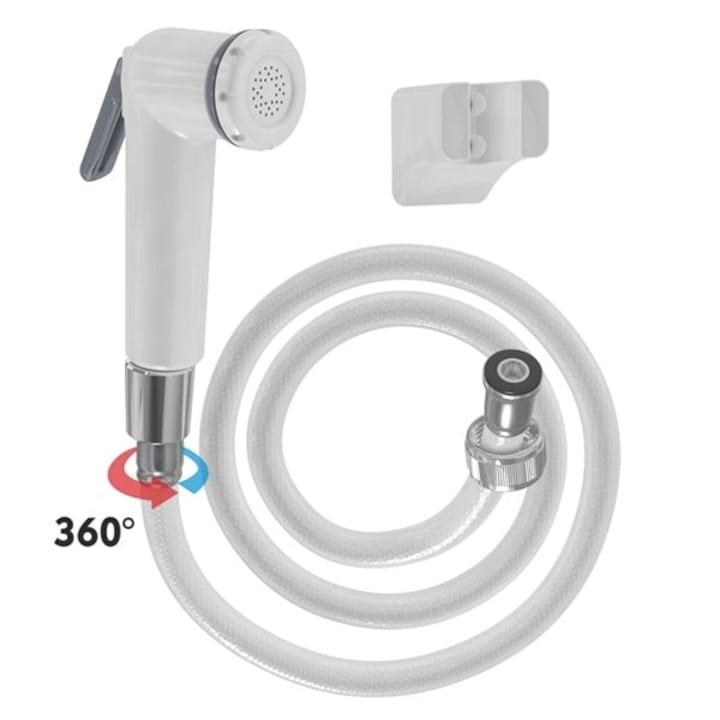 Higiénikus kézi zuhany, 120 cm-es fehér műanyag tömlővel, forgatható fejjel, kezelőgombbal az alján, 3031