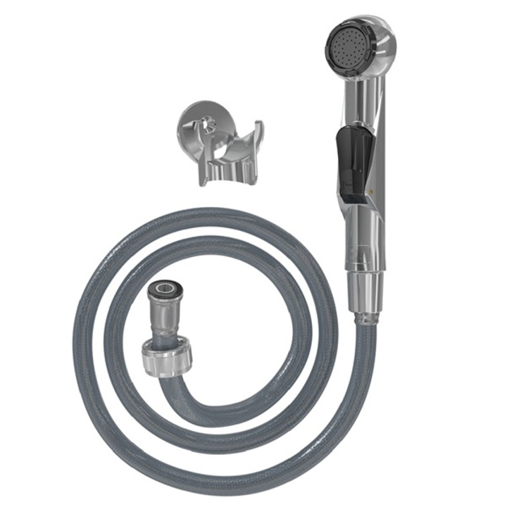 Higiénikus króm kézi zuhany, 120 cm-es szürke műanyag gégecsővel, belső vezérlőgombbal, 4033-PLS