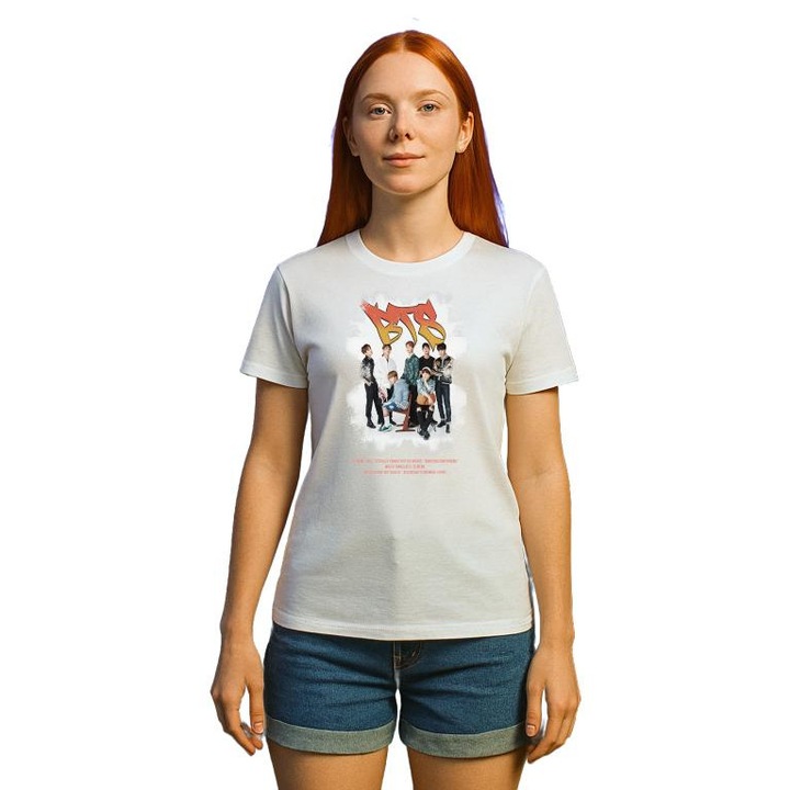 Tricou Dama cu trupa/formatia BTS 1, din bumbac 100%, Cri-Flo, Culoare Alb, Marime S