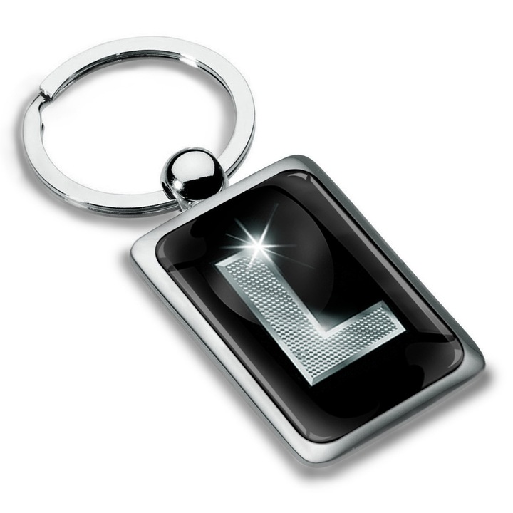 Breloc metalic dreptunghiular cu cutie cadou, Biomar Labs, Litera L, AZ, unisex, 3D, Argintiu/Negru, KK 90