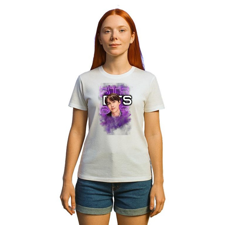 Tricou Dama cu trupa/formatia BTS JHOPE, din bumbac 100%, Cri-Flo, Culoare Alb, Marime XL